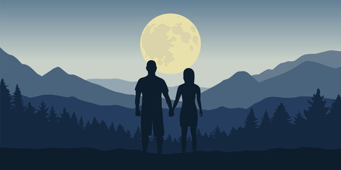 Wall Mural - couple looks to the full moon in blue mountain and forest landscape at night vector illustration EPS10