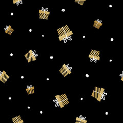 Wall Mural - Black and gold seamless gift pattern. Giveaway holidays repeated pattern, present boxes illustration. Print for fabric, textile, wrapping paper