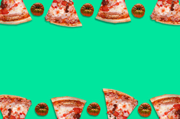 triangular slices of pizza with tomatoes are arranged in two rows, the first row on top of the image, in the second row at the bottom of the image, in the middle of the free advertising space, on a li