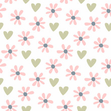 Cute Seamless Pattern With Repeating Flowers And Hearts. Pastel Floral Print.