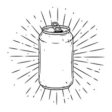 Aluminum Can. Hand Drawn Vector Illustration With Aluminum Can And Divergent Rays. Used For Poster, Banner, Web, T-shirt Print, Bag Print, Badges, Flyer, Logo Design And More.