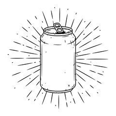 Aluminum can. Hand drawn vector illustration with Aluminum can and divergent rays. Used for poster, banner, web, t-shirt print, bag print, badges, flyer, logo design and more.