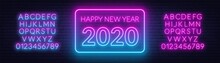 Neon Gradient Sign Happy New Year 2020 On A Dark Background With Bright Alphabets.