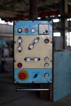 Retro Control Panel For Machinery In An Old Factory. Closeup Of The Old Control Panel