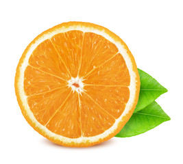 Poster - Half of orange with leaves isolated on white background.