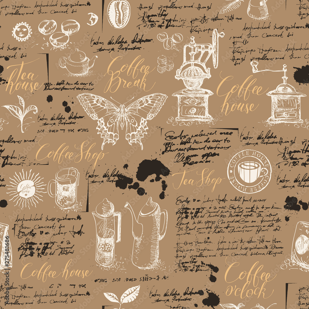 Vector seamless pattern on tea and coffee theme in retro style. Various ...
