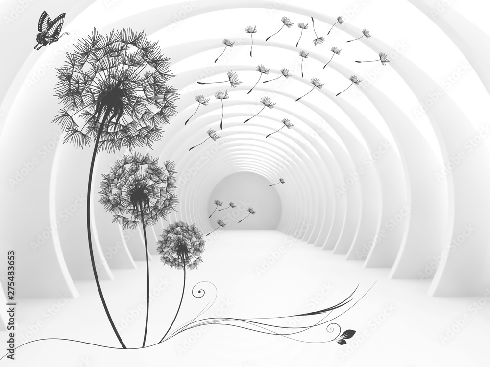 Illustration of 3D crystall ball silhouettes of dandelions pattern on decorative silver background 3D wallpaper and tunnel - obrazy, fototapety, plakaty 