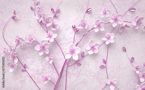 Dekoracja na wymiar  3d-tapety-rozowe-i-fioletowe-galezie-kwiaty-i-motyl-z-ceglami