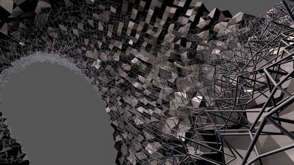 3d black surface as 3d low poly abstract geometric background with black grid. 2