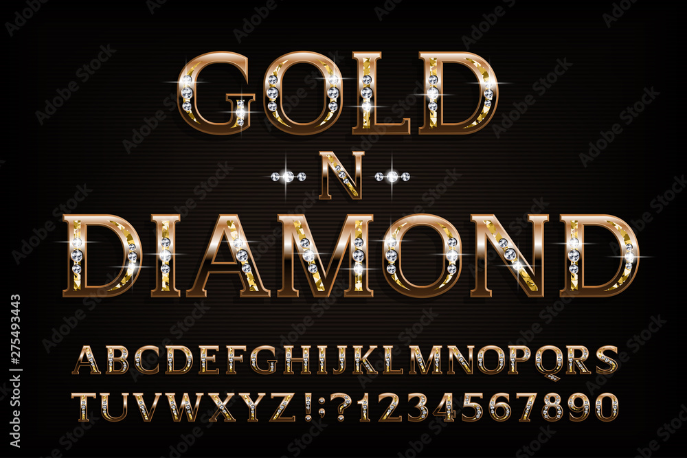 Gold n diamond alphabet font. Serif golden letters and numbers with diamond gemstone. Stock vector typescript for your design. - obrazy, fototapety, plakaty 