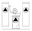 Vector cartoon stick figure drawing conceptual illustration of rude aggressive man or dictator speaking or having speech to public or followers on podium or behind lectern. Flags and symbols are