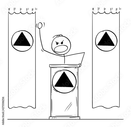 Fotomural Vector cartoon stick figure drawing conceptual illustration of rude aggressive man or dictator speaking or having speech to public or followers on podium or behind lectern