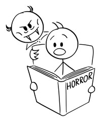 Poster - Vector cartoon stick figure drawing conceptual illustration of frightened man reading scary horror book and vampire is looking over his shoulder.