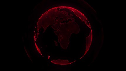 Digital red planet of Earth. Rotating globe with shining continents. 3D animation with digital Earth and particles. Abstract global business concept