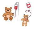 Teddy Bear transfused blood with a dropper isolated on white, Teddy Bear toy is sick, child blood transfusion concept