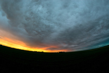 Wall Mural - beautiful colors and textures in the sky. fisheye view of a dramatic sky over the wide open dutch la