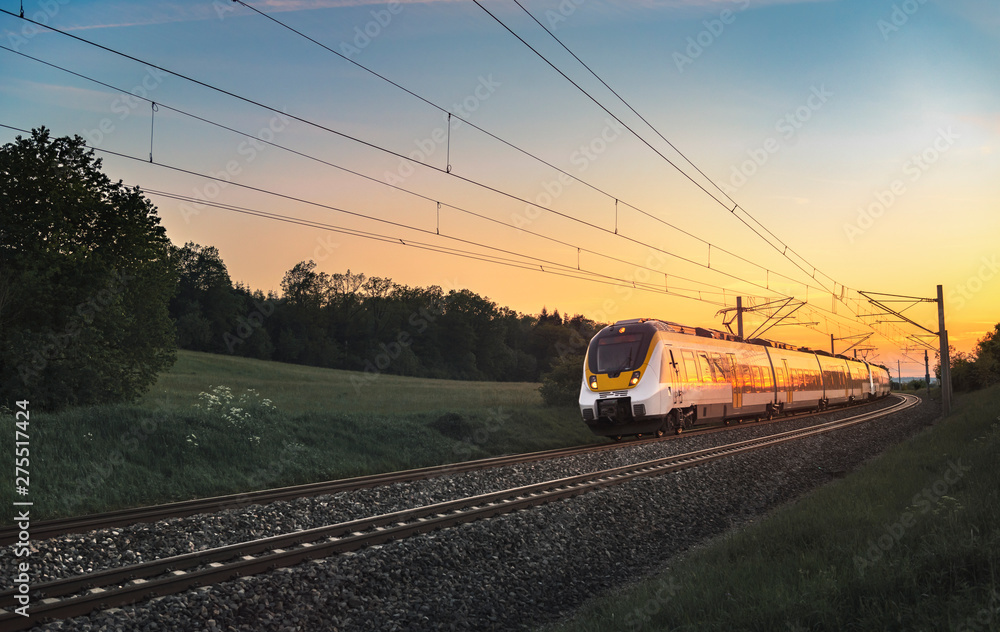 Modern German train traveling at sunset - obrazy, fototapety, plakaty 