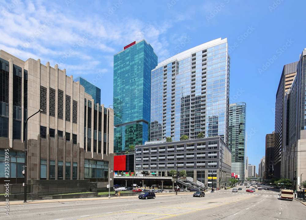 Intersection Chicago View of busy downtown Chicago at the intersection of Illinois Street ...