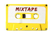 © Grenar - A retro vintage cassette tape (obsolete audio tech) with the handwritten text Mixtape (red marker, white label, electro yellow plastic body).