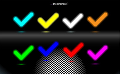 Set glowing lamp checkmark Multicolored confirm icons, tick symbol. Modern ui element. Fluorescent Design presentation, for any background. Vector luminescent illumination ad, transparent illustration