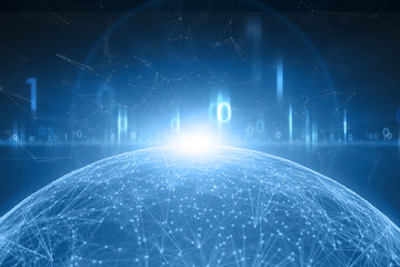 Wall Mural - shiny blue digital sphere with shiny computer binary numbers network. 3d illustration.