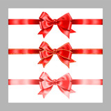 Fototapeta Na drzwi - Set of three realistic red silk ribbon bow with gold glitter shiny stripes, vector illustration elements isolated on white, for decoration, promotion, advetrisment, sale or celebration banner or card