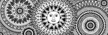 Web Banner With Hand Drawn Mandalas, Black And White Ink Illustration With A Sun In The Center