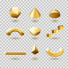 Abstract golden geometric shapes set. Vector 3d illustration. Gold gradient modern trendy design elements