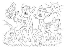 Black And White Page For Baby Coloring Book. Drawing Of Two Cute Fawns Playing On The Meadow. Printable Template For Kids. Worksheet For Children And Adults. Hand-drawn Vector Image.