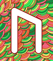 Ancient scandinavic rune urus with doodle ornament background. Colorful psychedelic fantastic mystical artwork. Vector illustration