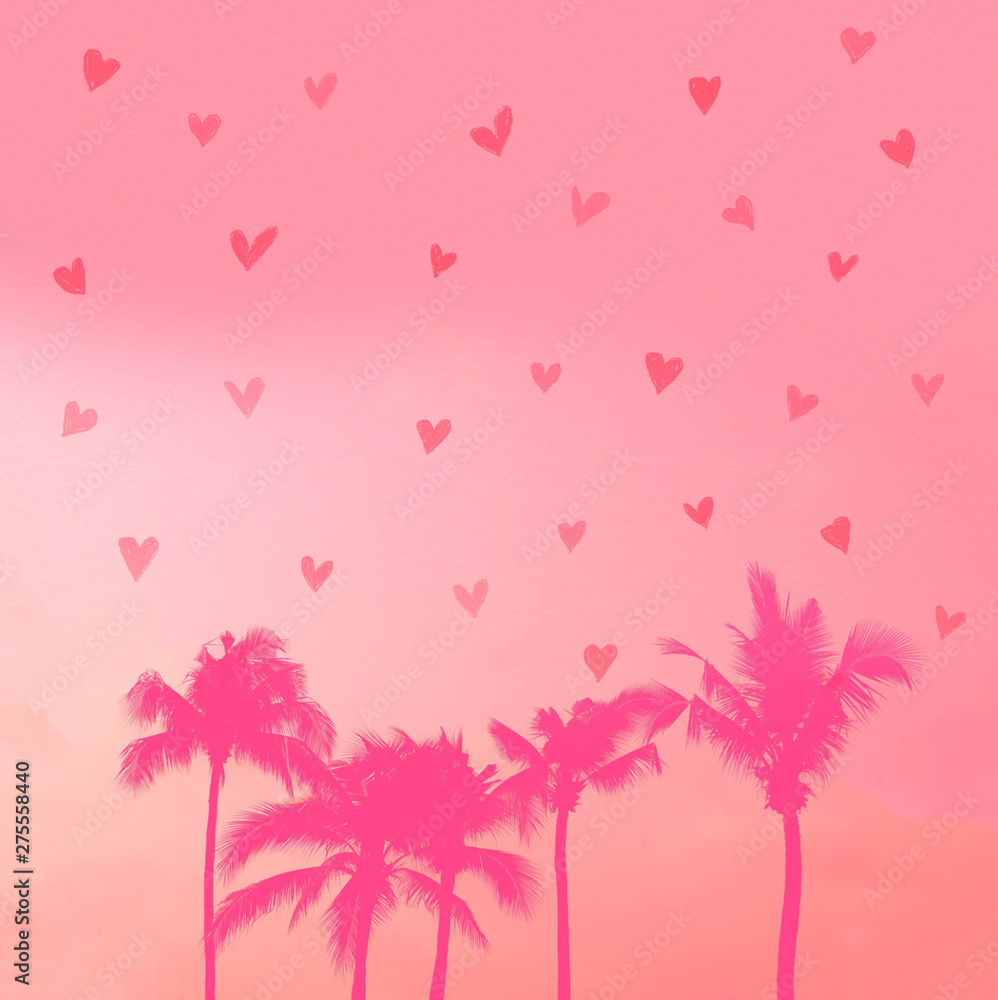 Poster Pink Palm Tree Silhouette Pink Pastel Sky With Many Hearts Background Summer Concept Nikkel Art nikkel art com