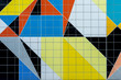 Grid square ceramic tile wall with colourful geometric shape and form random pattern with minimal modern post modern bauhaus style. 