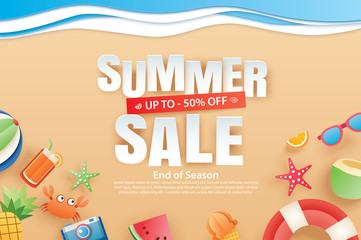 Sticker - Summer sale with decoration origami on beach background. Paper art and craft style. Vector illustration of ice cream, watermelon, sunglasses.