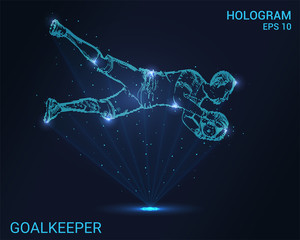 Hologram goalkeeper. Football goalkeeper catches the ball. Flickering energy flux of particles. Scientific sports design.