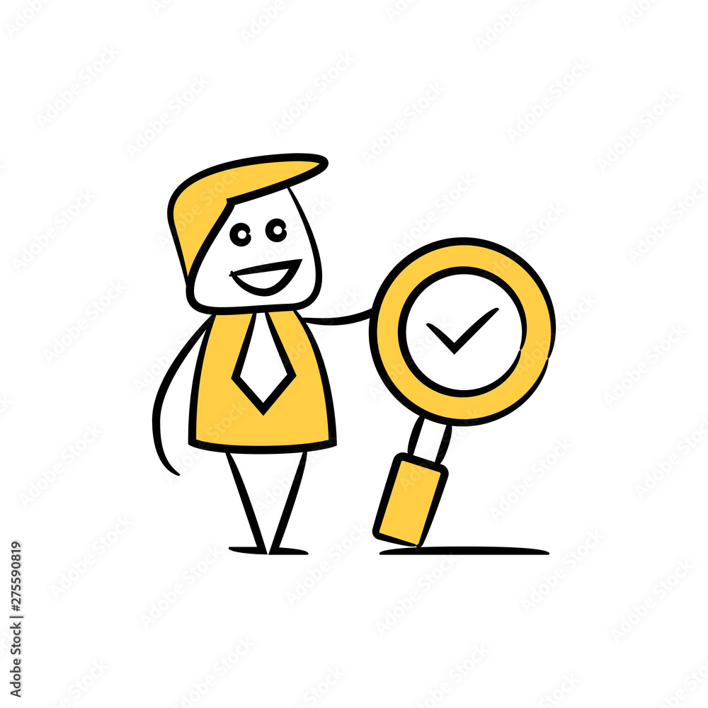 doodle stick figure businessman and magnifier glass check mark Stock ...