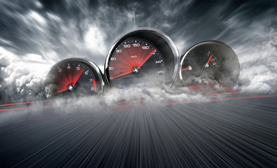 speedometer scoring high speed in a fast motion blur racetrack background. speeding car background p