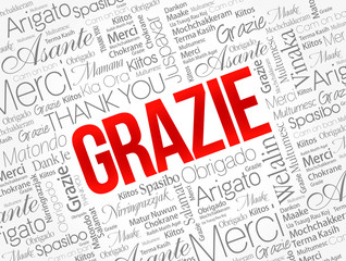 Grazie (Thank You in Italian) word cloud background in different languages