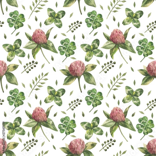 Beautiful seamless background with flowers and clover leaves using ladybugs a...