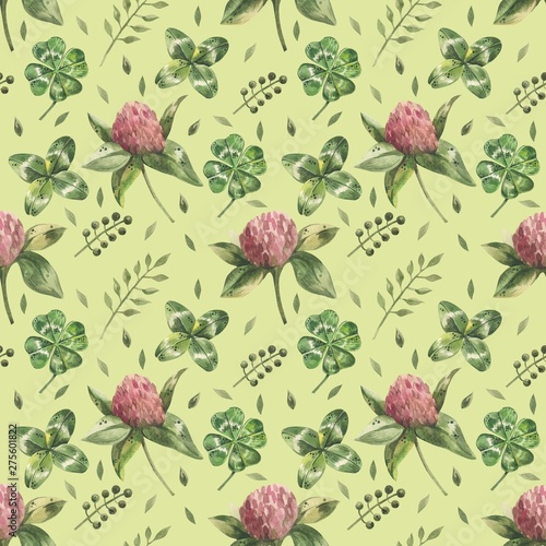 Beautiful seamless background with flowers and clover leaves using ladybugs a...
