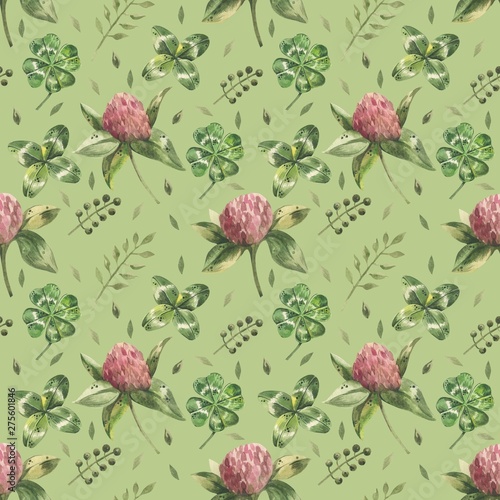 Beautiful seamless background with flowers and clover leaves using ladybugs a...