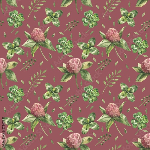 Beautiful seamless background with flowers and clover leaves using ladybugs a...