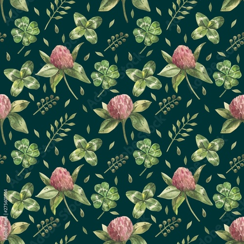 Beautiful seamless background with flowers and clover leaves using ladybugs a...