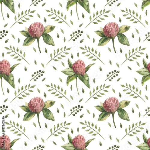 Beautiful seamless background with flowers and clover leaves using ladybugs a...