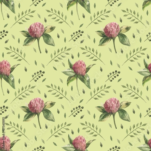 Beautiful seamless background with flowers and clover leaves using ladybugs a...