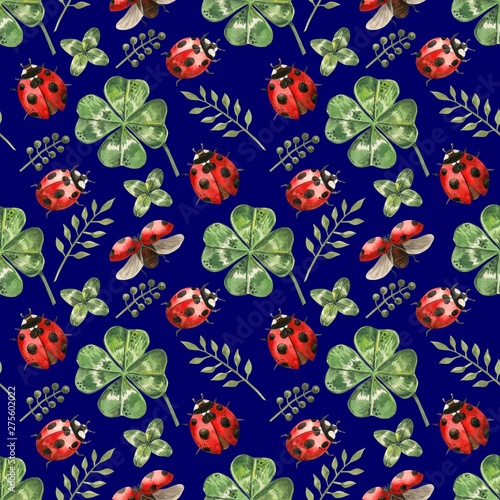Beautiful seamless background with flowers and clover leaves using ladybugs a...