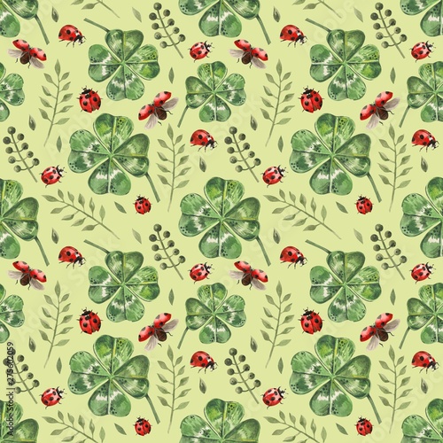 Beautiful seamless background with flowers and clover leaves using ladybugs a...