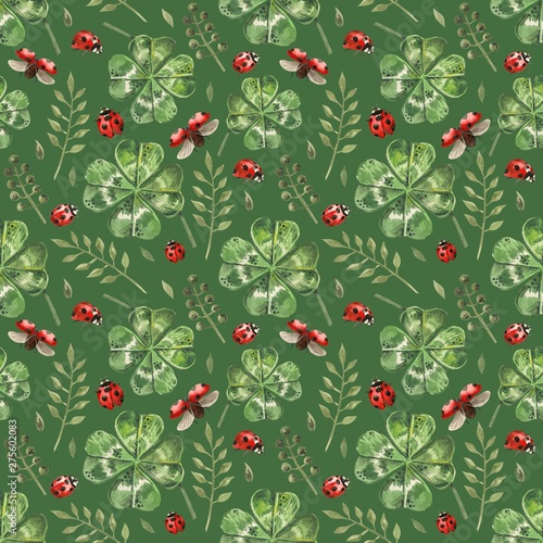 Beautiful seamless background with flowers and clover leaves using ladybugs a...