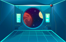 Porthole On Hallway In Spaceship. Moon And Mars Planet In Viewport. Futuristic Interior Room. Background For Games And Mobile Applications. Vector Cartoon Background