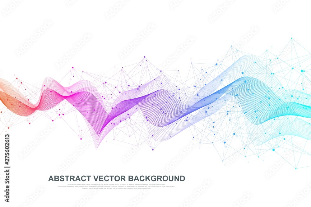 Abstract plexus background with connected lines and dots. Wave flow ...