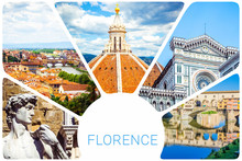 Photo Collage From Florence - Cupola Brunelleschi, Statue Of David By Michelangelo, Ponte Vecchio, Cathedral Of Santa Maria Del Fiore, Set Of Travel Pictures, Firenze, Italy.